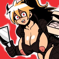 Rule 34 | 1girl, blonde hair, breasts, clothes, dorohedoro, female focus, food, horns, huge breasts, long hair, looking at viewer, nikaidou (dorohedoro), nipples, open clothes, open mouth, red eyes, shamefuldisplay, smile, solo