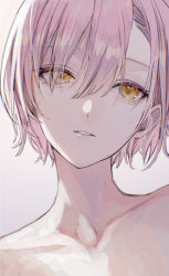 Rule 34 | 1girl, collarbone, eyelashes, facing viewer, hair over one eye, highres, jack jeanne, looking away, magako, nude, parted lips, pink hair, portrait, short hair, simple background, solo, tachibana kisa, yellow eyes