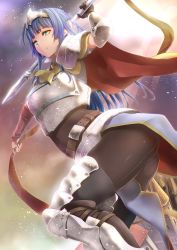 Rule 34 | 1girl, arm up, armor, ass, belt, blue hair, breastplate, cape, castle, circlet, greaves, green eyes, hime cut, knight, long hair, original, pantyhose, pauldrons, polearm, sajittari, shoulder armor, solo, spear, weapon