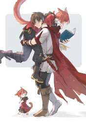 Rule 34 | 3boys, adventurer (ff14), animal ears, ankle boots, beard stubble, black footwear, black pants, black scarf, blue eyes, book, boots, braid, braided ponytail, brown footwear, brown gloves, brown hair, cape, carrying, carrying over shoulder, carrying person, cat boy, cat ears, cat tail, crystal exarch, dagger, dual persona, elbow gloves, eyes visible through hair, facial hair, final fantasy, final fantasy xiv, fingerless gloves, from side, full body, g&#039;raha tia, gloves, grey background, highres, holding, holding book, hyur, jacket, knee boots, knife, looking down, male focus, material growth, mid.m, mini person, miniboy, miqo&#039;te, multiple boys, neck tattoo, pants, profile, red cape, red eyes, red hair, red jacket, scarf, sheath, sheathed, shirt, short hair, short ponytail, simple background, single braid, smile, stubble, tail, tattoo, two-tone background, walking, warrior of light (ff14), weapon, white background, white shirt