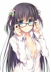 Rule 34 | 1girl, adjusting eyewear, black hair, blue eyes, blush, breasts, cleavage, commentary request, dress shirt, eyebrows, flower, glasses, hair flower, hair ornament, hair ribbon, hair rings, long hair, long sleeves, looking at viewer, no bra, nozomi tsubame, open clothes, open shirt, original, ribbon, shirt, simple background, small breasts, smile, solo, two side up, white background, white shirt