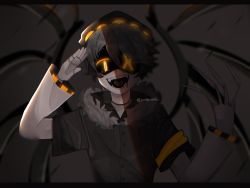 Rule 34 | 1boy, :d, > <, coat, fangs, glitch productions, hat, highres, murder drones, n (murder drones), open mouth, robot, smile, tail, teeth, xd, yellow eyes