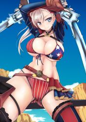 1girl american_flag american_flag_bikini american_flag_print asymmetrical_hair bikini blonde_hair blue_eyes breasts brown_gloves cleavage dual_wielding fate/grand_order fate_(series) female_focus flag_print gloves gunblade highres holding katana large_breasts long_hair looking_at_viewer miyamoto_musashi_(fate) miyamoto_musashi_(fate/grand_order) miyamoto_musashi_(swimsuit_berserker)_(fate) miyamoto_musashi_(swimsuit_berserker)_(second_ascension)_(fate) navel print_bikini solo swept_bangs swimsuit sword tokihama_jirou weapon