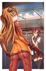 Rule 34 | 00s, 2girls, ass, bad id, bad pixiv id, black thighhighs, blue eyes, bodysuit, brown hair, butt crack, cloud, day, evangelion: 2.0 you can (not) advance, glasses, long hair, looking back, makinami mari illustrious, multicolored clothes, multiple girls, neon genesis evangelion, plaid, plaid skirt, plugsuit, rebuild of evangelion, skirt, smile, softmode, souryuu asuka langley, test plugsuit, thighhighs, twintails