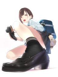 Rule 34 | 1girl, ama mitsuki, backpack, bag, black skirt, black socks, blush, bow, brown eyes, brown hair, collared shirt, commentary request, foot focus, hair between eyes, holding, holding shoes, legs, loafers, long sleeves, looking at viewer, neckerchief, open mouth, original, pleated skirt, polka dot, polka dot bow, school uniform, serafuku, shirt, shoes, short sleeves, simple background, single shoe, skirt, socks, solo, squatting, stuffed animal, stuffed toy, teddy bear, white background, white shirt