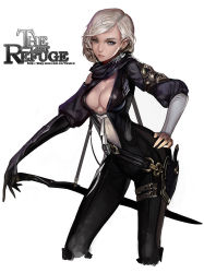 Rule 34 | 1girl, arched back, black gloves, blonde hair, blue eyes, bodysuit, breasts, cleavage, contrapposto, cropped legs, earrings, frostce, gloves, hand on own hip, highres, holster, jewelry, lips, pointy ears, scarf, short hair, simple background, single glove, solo, standing, swept bangs, sword, watermark, weapon, web address, white background
