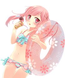 Rule 34 | 1girl, artist request, bikini, blunt bangs, bow, character request, copyright request, food, frilled bikini, frills, ice cream, innertube, non-web source, pink eyes, pink hair, solo, source request, swim ring, swimsuit, transparent background, twintails, upper body