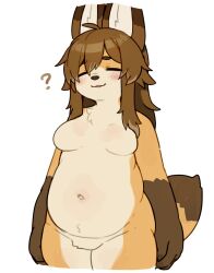 Rule 34 | 1girl, ?, ahoge, animal ears, arms at sides, belly, blush, body fur, breasts, brown hair, closed eyes, cropped legs, flat color, fox ears, fox tail, furry, furry female, highres, long hair, medium breasts, mofuaki, multicolored fur, navel, no nipples, nude, original, plump, simple background, smile, solo, tail, white background