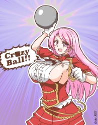 Rule 34 | 1girl, aiguillette, ball, black neckwear, blush, breasts, censored, censored text, english text, frills, gloves, holding, holding ball, kantai collection, large breasts, long hair, luigi di savoia duca degli abruzzi (kancolle), multicolored hair, one-hour drawing challenge, open mouth, pink hair, purple background, red hair, short sleeves, sideboob, simple background, skirt, solo, streaked hair, suke (share koube), twitter username, white gloves