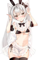 Rule 34 | 1girl, amatsukaze (kancolle), apron, bare legs, bare shoulders, bikini, black bow, black bra, black pantyhose, black thighhighs, blush, bow, bra, breasts, chigasaki yukari, closed mouth, commentary request, contrapposto, detached sleeves, forehead, grey hair, hair between eyes, hair bow, hair ornament, hands up, highres, kantai collection, long hair, looking at viewer, maid, maid bikini, navel, panties, pantyhose, puffy detached sleeves, puffy sleeves, rabbit pose, revealing clothes, see-through, see-through apron, side-tie panties, simple background, small breasts, smile, solo, swimsuit, thigh gap, thighhighs, two side up, unconventional maid, underwear, white background, yellow eyes