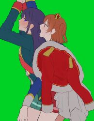 Rule 34 | absurdres, aijou karen, blue jacket, blush, closed mouth, commentary, crown, english commentary, fur-trimmed jacket, fur trim, green background, green jacket, green skirt, hand on another&#039;s thigh, haruka 3442, highres, jacket, jacket on shoulders, long hair, mini crown, open mouth, orange hair, pinned, pleated skirt, purple eyes, purple hair, red jacket, red sash, sash, shoujo kageki revue starlight, simple background, skirt, sweatdrop, tsuyuzaki mahiru, two side up, yuri