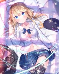 Rule 34 | 1girl, ahoge, beret, black thighhighs, blonde hair, blouse, blush, breasts, closed mouth, unworn clothes, copyright name, falkyrie no monshou, hat, long sleeves, low twintails, lying, medium breasts, official art, on back, on bed, partially unbuttoned, pillow, plaid, plaid skirt, pleated skirt, school uniform, shirt, skirt, smile, solo, sparkle, thighhighs, twintails, watermark, white shirt, yuraiko