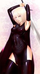 Rule 34 | 00s, 1girl, armpits, arms up, bad id, bad pixiv id, bare shoulders, blonde hair, cape, clare (claymore), claymore (series), claymore (sword), detached sleeves, grey eyes, shokuyou mogura, short hair, solo, sword, thighhighs, weapon