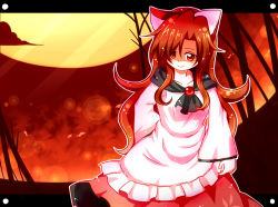 Rule 34 | 1girl, animal ears, bamboo, bamboo forest, brooch, brown hair, collarbone, dress, forest, full body, gradient background, hair over one eye, imaizumi kagerou, jewelry, long hair, long sleeves, looking at viewer, moon, nature, red eyes, smile, solo, striped, striped background, totoharu (kujirai minato), touhou, wolf ears