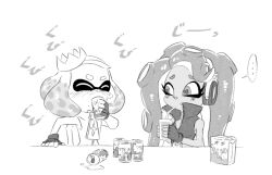 2girls alcohol beer crown dark-skinned_female dark_skin drinking greyscale headphones juice looking_at_object marina_(splatoon) mole monochrome multiple_girls namuro nintendo orange_juice pearl_(splatoon) spill splatoon_(series) splatoon_2 tentacle_hair