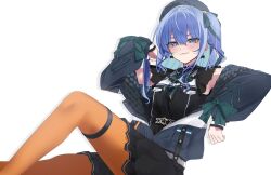 Rule 34 | 1girl, absurdres, belt, black skirt, blue eyes, blue hair, blue jacket, closed mouth, colored inner hair, earrings, feet out of frame, grey hat, hair between eyes, hair ribbon, hand up, hat, highres, hololive, hoshimachi suisei, hoshimachi suisei (streetwear), invisible chair, jacket, jewelry, knee up, legs, light smile, long hair, long sleeves, looking at viewer, multicolored hair, off shoulder, one side up, open clothes, open jacket, orange pantyhose, pantyhose, ribbon, sidelocks, simple background, sitting, skirt, smug, solo, star (symbol), star in eye, symbol in eye, thigh strap, virtual youtuber, white background, yuzuyukiha