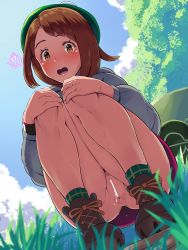 Rule 34 | !, 1girl, ankle boots, ass, bar censor, blush, boots, boris (noborhys), bottomless, brown eyes, brown hair, censored, commentary request, creatures (company), dutch angle, game freak, gloria (pokemon), grass, highres, kneeling, nature, nintendo, no panties, open mouth, outdoors, panties, pokemon, pokemon swsh, pubic hair, pussy, pussy juice, short hair, skirt, solo focus, squatting, underwear, white panties