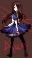 Rule 34 | 1girl, alice: madness returns, alice (alice in wonderland), alice in wonderland, alice liddell (american mcgee&#039;s alice), american mcgee&#039;s alice, arisusama, black hair, blood, dress, female focus, full body, green eyes, highres, knife, long hair, looking back, solo