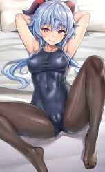 Rule 34 | 1girl, ahoge, armpits, arms behind head, arms up, black pantyhose, blue hair, blue one-piece swimsuit, blush, breasts, cameltoe, cleft of venus, covered erect nipples, covered navel, ganyu (genshin impact), genshin impact, goat horns, highres, horns, koyuki (kotatsu358), long hair, looking at viewer, low ponytail, medium breasts, new school swimsuit, one-piece swimsuit, paid reward available, pantyhose, pantyhose under swimsuit, purple eyes, school swimsuit, smile, solo, swimsuit