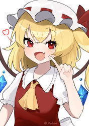 Rule 34 | 1girl, ascot, blonde hair, crystal, fang, flandre scarlet, flat chest, frilled shirt collar, frills, hat, heart, highres, index finger raised, light blush, looking at viewer, machimo, mob cap, one side up, open mouth, puffy short sleeves, puffy sleeves, red eyes, red vest, short sleeves, simple background, skin fang, solo, touhou, upper body, vest, white background, white hat, wings, yellow ascot