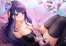 Rule 34 | 1girl, absurdres, alternate costume, alternate hairstyle, animalization, artist name, bare shoulders, black thighhighs, blush, branch, breasts, character name, cherry blossoms, cleavage, commentary, falling petals, feet out of frame, flower, fox, genshin impact, hair flower, hair ornament, highres, knees up, large breasts, long hair, long sleeves, looking at viewer, mole, mole under eye, off-shoulder shirt, off shoulder, petals, pink flower, pink fur, purple eyes, purple flower, purple hair, purple nails, raiden shogun, shirt, sidelocks, sitting, smile, solo, text print, thighhighs, thighs, volar uwu, water, yae miko, yae miko (fox), zettai ryouiki