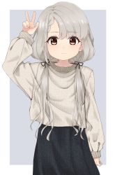 Rule 34 | 1girl, arm up, bad id, bad twitter id, black ribbon, black skirt, braid, braided bangs, brown eyes, closed mouth, commentary request, grey background, grey hair, grey skirt, hair ribbon, highres, hisakawa nagi, idolmaster, idolmaster cinderella girls, idolmaster cinderella girls starlight stage, long hair, long sleeves, low twintails, nail polish, pink nails, ribbon, shiwa (siwaa0419), skirt, sleeves past wrists, solo, twintails, two-tone background, very long hair, w, white background