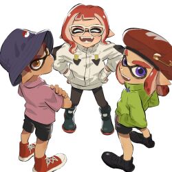 Rule 34 | 1boy, 2girls, black footwear, black pantyhose, black shorts, blue headwear, closed eyes, closed mouth, fangs, from above, frown, glasses, gloves, green jacket, grin, highres, humanlynn, inkling, inkling boy, inkling girl, inkling player character, jacket, looking back, multiple girls, nintendo, octoling, octoling girl, octoling player character, pantyhose, poke ball print, purple eyes, red footwear, red headwear, safety pin, shoes, shorts, smile, sneakers, splatoon (series), thick eyebrows, white-framed eyewear, white background, white gloves, white jacket