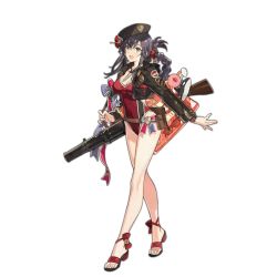 Rule 34 | 1girl, :d, beach, belt, black hair, bow, braid, breasts, brown eyes, cleavage, doughnut, feet, flower, food, full body, girls&#039; frontline, gun, hair between eyes, hair flower, hair ornament, hair ribbon, hat, holding, holding gun, holding weapon, jacket, large breasts, lewis (girls&#039; frontline), lewis (sunscreen battle) (girls&#039; frontline), lewis gun, light machine gun, long hair, long sleeves, looking to the side, machine gun, official alternate costume, official art, open mouth, over shoulder, ribbon, sandals, smile, solo, standing, starshadowmagician, toes, transparent background, watch, weapon, weapon over shoulder