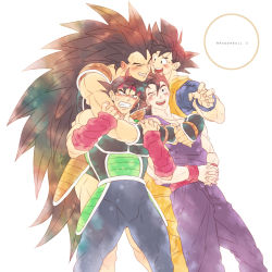 Rule 34 | 4boys, ;d, absurdly long hair, anger vein, angry, annoyed, armor, bandana, bardock, black eyes, black hair, black legwear, blush, brothers, clenched teeth, copyright name, dougi, dragon ball, dragonball z, facial scar, father and son, feet out of frame, fingernails, furrowed brow, grandfather and grandson, happy, highres, hug, hug from behind, interlocked fingers, kakipiinu, long hair, looking at another, looking up, male focus, multiple boys, nervous, one eye closed, open mouth, own hands clasped, own hands together, raditz, red bandana, red headwear, scar, scar on cheek, scar on face, siblings, simple background, smile, son gohan, son goku, standing, sweatdrop, teeth, uncle and nephew, very long hair, white background, wristband