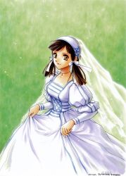 Rule 34 | 1girl, atelier (series), atelier lilie, atelier lilie another story, brown eyes, brown hair, dress, female focus, grass, gust, jewelry, lilie (atelier), necklace, official art, ouse kohime, short hair, short twintails, smile, solo, twintails, veil, wedding, wedding dress