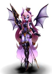 Rule 34 | 1girl, ahoge, armor, armored boots, black sclera, blue skin, boots, colored sclera, colored skin, demon girl, demon horns, demon wings, full body, highres, holding, holding weapon, horns, looking at viewer, ogawa shou, original, pink eyes, pink hair, pointy ears, polearm, smile, solo, spear, weapon, wings