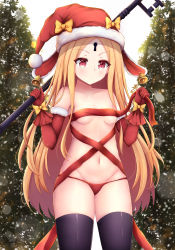 Rule 34 | 1girl, abigail williams (fate), bell, black thighhighs, blonde hair, blush, bow, breasts, christmas, closed mouth, collarbone, cowboy shot, detached sleeves, endsmall min, fate/grand order, fate (series), fur-trimmed headwear, fur-trimmed sleeves, fur trim, glove bow, gloves, groin, hat, hat bow, highres, holding, holding key, key, keyhole, long hair, long sleeves, looking away, lowleg, lowleg panties, medium breasts, navel, orange bow, oversized object, panties, parted bangs, red eyes, red gloves, red hat, red panties, red ribbon, ribbon, santa hat, solo, thighhighs, topless, underwear, v-shaped eyebrows, very long hair