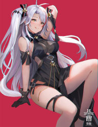 Rule 34 | 1girl, :q, alternate costume, antenna hair, arm up, azur lane, black dress, blush, bow, breasts, brown eyes, chromatic aberration, dress, gloves, hair between eyes, highres, knee up, large breasts, long hair, looking at viewer, mole, mole on breast, multicolored hair, prinz eugen (azur lane), prinz eugen (cordial cornflower) (azur lane), red background, red hair, silver hair, simple background, sitting, sl86, solo, streaked hair, thighs, tongue, tongue out, two side up, very long hair