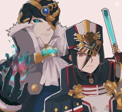 Rule 34 | 1boy, 1girl, black coat, black gloves, black hair, black sclera, blue eyes, brown hair, closed mouth, coat, colored sclera, dagas (xenoblade), gloves, grey background, hat, long sleeves, looking at viewer, military, military hat, military uniform, morag ladair (xenoblade), rem (eyes 410), simple background, uniform, upper body, xenoblade chronicles (series), xenoblade chronicles 2