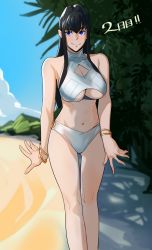 Rule 34 | 1girl, alternate costume, bare legs, beach, bikini, black hair, blue eyes, blush, bracelet, breasts, cleavage, cleavage cutout, closed mouth, clothing cutout, commentary, day, feet out of frame, highres, hong doo, jewelry, kill la kill, kiryuuin satsuki, large breasts, long hair, looking to the side, navel, open hands, outdoors, sidelocks, smile, solo, standing, stomach, straight hair, swimsuit, tree, underboob, white bikini