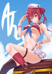Rule 34 | 1girl, alternate costume, asymmetrical legwear, bare shoulders, beret, bikini, black socks, breasts, cleavage, grin, hand on own hip, hand up, hat, highleg, highres, hololive, houshou marine, knee up, kneehighs, large breasts, leg belt, long hair, looking at viewer, miniskirt, navel, neckerchief, pleated skirt, red bikini, red eyes, red hair, red socks, ribbed legwear, sailor collar, salute, sengoku aky, skirt, smile, socks, solo, stomach, swimsuit, thigh strap, thighhighs, thighs, treasure chest, twintails, uneven legwear, virtual youtuber, white hat, white skirt, wrist cuffs, yellow eyes