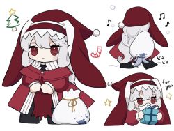 Rule 34 | 1girl, arknights, chibi, christmas, closed mouth, dress, fake beard, fake facial hair, full body, gift, grey hair, highres, holding, holding gift, long hair, looking at viewer, multiple views, musical note, nun, red dress, red eyes, sack, simple background, smile, someyaya, specter (arknights), white background