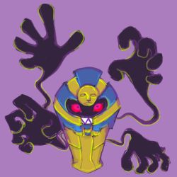 Rule 34 | cofagrigus, creatures (company), extra arms, game freak, gen 5 pokemon, ghost, grin, nintendo, no humans, pokemon, pokemon (creature), purple background, red eyes, sarcophagus, simple background, smile, solo, teeth