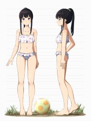 Rule 34 | 1girl, absurdres, alternate hairstyle, ball, barefoot, beachball, bikini, black hair, breasts, cleavage, closed mouth, collarbone, commentary, dirty, dirty feet, feet, floral print, frilled bikini, frills, from side, grass, green scrunchie, hair ornament, hair scrunchie, highres, inoue takina, legs, long hair, looking at viewer, lycoris recoil, multiple views, navel, official alternate costume, ponytail, print bikini, purple eyes, revision, scrunchie, sidelocks, simple background, small breasts, standing, stomach, swimsuit, tbear, toes, white background, white bikini
