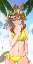 Rule 34 | 1girl, ahoge, animal ears, bare shoulders, beach, bikini, blue sky, blurry, blurry background, breasts, brown hair, cleavage, closed mouth, cloud, collarbone, commentary request, cowboy shot, day, earrings, eyewear on head, gluteal fold, green-tinted eyewear, groin, hair between eyes, hair ornament, hairclip, highres, horse ears, horse girl, horse tail, jewelry, jungle pocket (tobasuze hot summer!) (umamusume), jungle pocket (umamusume), layered bikini, looking at viewer, medium hair, navel, necklace, official alternate costume, official alternate hairstyle, outdoors, palm tree, ponytail, ribs, sidelocks, signature, single earring, sky, small breasts, smile, solo, standing, sunglasses, sunlight, swimsuit, tail, the orlgln, tinted eyewear, tree, umamusume, v, yellow bikini, yellow eyes