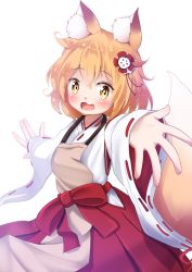 Rule 34 | 1girl, animal ear fluff, animal ears, apron, blonde hair, blush, brown apron, commentary request, fang, flower, fox ears, fox girl, fox tail, hair between eyes, hair flower, hair ornament, highres, japanese clothes, kimono, long sleeves, looking at viewer, mochiyuki, open mouth, outstretched arms, red flower, red hair, ribbon-trimmed sleeves, ribbon trim, senko (sewayaki kitsune no senko-san), sewayaki kitsune no senko-san, simple background, skin fang, sleeves past wrists, solo, spread arms, tail, tail raised, white background, white kimono, wide sleeves, yellow eyes
