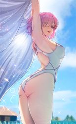 Rule 34 | 1girl, alternate costume, armpits, arms up, ass, blue sky, blurry, blurry background, breasts, cloud, cloudy sky, competition swimsuit, day, fate/grand order, fate (series), from behind, hair over one eye, highleg, highleg swimsuit, highres, holding, looking at viewer, looking back, mash kyrielight, medium breasts, one-piece swimsuit, open mouth, outdoors, pink hair, purple eyes, short hair, simple background, sky, solar (happymonk), solo, sparkle, standing, swimsuit, thighs