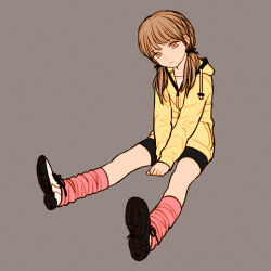 Rule 34 | 1girl, brown eyes, brown hair, expressionless, full body, grey background, highres, hood, hoodie, looking at viewer, loose socks, low twintails, medium hair, original, own hands together, rustle, shoes, shorts, simple background, sneakers, socks, solo, twintails