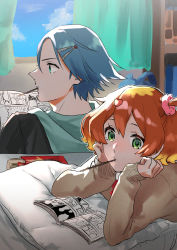 Rule 34 | 1boy, 1girl, bedroom, blonde hair, blue hair, brown hair, freyja wion, green eyes, hair ornament, hair scrunchie, hairclip, hayate immelmann, head rest, heart, heart hair ornament, highres, hood, hood down, indoors, lying, macross, macross delta, manga (object), mouth hold, multicolored hair, on stomach, one side up, pink scrunchie, pote-mm, profile, reading, scrunchie, short hair, two-tone hair