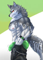 Rule 34 | 1boy, abs, absurdres, animal ears, ass, bara, bouncing ass, bouncing bulge, bulge, bulge lift, check copyright, copyright request, dressing, feet out of frame, from side, frown, furry, furry male, green male underwear, highres, large bulge, large pectorals, male focus, male underwear, meme, muscular, muscular male, navel, never seen a guy recreate this (meme), nipples, open pants, original, pants, pants lift, pectorals, short hair, solo, standing, stomach, sweatdrop, tail, topless male, undersized clothes, underwear, weedwolfeatmeat, wolf boy, wolf ears, wolf tail