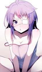 Rule 34 | 1girl, ahoge, bad id, bad twitter id, bare arms, bare shoulders, blush, brown background, camisole, chestnut mouth, commentary request, eyepatch, gradient background, highres, long hair, looking at viewer, medical eyepatch, multicolored hair, original, parted lips, pink camisole, purple eyes, purple hair, sitting, solo, spread legs, strap slip, streaked hair, v arms, wada kazu, white background