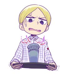 Rule 34 | 1boy, aboutama, blonde hair, blue eyes, child, cup, daida, holding, holding tray, male focus, ousama ranking, scene reference, short hair, solo, sweatdrop, tray, turn pale, white background
