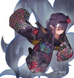 Rule 34 | 1girl, artist name, black scarf, closed eyes, commentary, double bun, drowzzi, english commentary, floating, hair behind ear, hair bun, hand on own chest, highres, hololive, hololive english, japanese clothes, kimono, long hair, ninomae ina&#039;nis, ninomae ina&#039;nis (new year), obi, official alternate costume, purple hair, purple kimono, sash, scarf, sleeves past fingers, sleeves past wrists, solo, tentacles, virtual youtuber