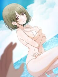 Rule 34 | 1girl, 1other, absurdres, arms under breasts, bikini, blue sky, blurry, breasts, brown eyes, brown hair, cloud, collarbone, commentary, day, depth of field, embarrassed, highres, horizon, idolmaster, idolmaster shiny colors, looking at viewer, microskirt, musha no kozi, nanakusa nichika, navel, ocean, outdoors, pov, short hair, skirt, sky, squatting, swimsuit, underboob, wavy mouth, white bikini