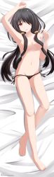 Rule 34 | 10s, 1girl, 2013, absurdres, alternate hairstyle, arm above head, arm up, armpits, artist name, bare legs, barefoot, bed, bed sheet, black hair, black panties, blush, bow, bow panties, breasts, censored, collarbone, convenient censoring, dakimakura (medium), date a live, dated, drooling, artistic error, feet, female focus, from above, full body, groin, hair censor, hair over breasts, hair over one eye, head tilt, heterochromia, highres, hip focus, kazenokaze, legs, long hair, long image, long legs, looking at viewer, lowleg, lowleg panties, lying, medium breasts, navel, no bra, on back, on bed, open mouth, panties, panties only, red eyes, saliva, shiny skin, side-tie panties, solo, tall image, toes, tokisaki kurumi, topless, underwear, underwear only, very long hair